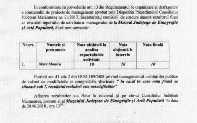Rezultatul final al evaluarii anuale a managementului la Muzeul Județean de Etnografie și Artă Populară