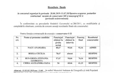 Rezultate finale pentru ocuparea postului vacant – conservator SII