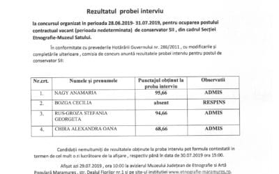 Rezultatul probei interviu pentru ocuparea postului vacant – Conservator SII