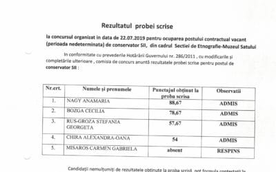 Rezultatul probei scrise la concursul organizat în data de 22.07.2019 – Conservator SII