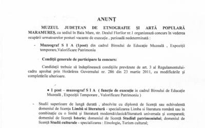 Anunț pentru ocuparea postului vacant – Muzeograf S IA