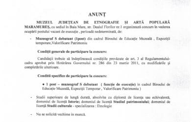 Anunț concurs post vacant Muzeograf S debutant