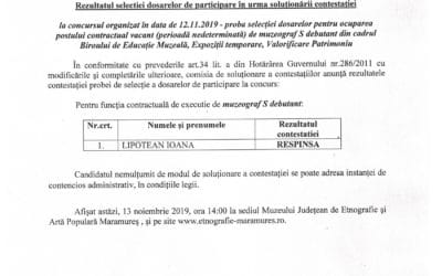 Rezultatul selecției dosarelor în urma soluționării contestației – Muzeograf S debutant