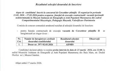 Rezultatul selecției dosarului de înscriere concurs cercetător științific II