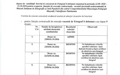 Rezultatul selecției dosarelor de concurs fotograf S debutant-08.10.2026!