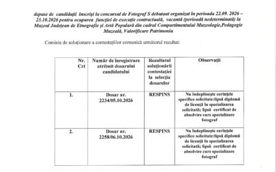 Rezultatul soluționării contestațiilor la selecția dosarelor de înscriere- concurs fotograf S debutant!